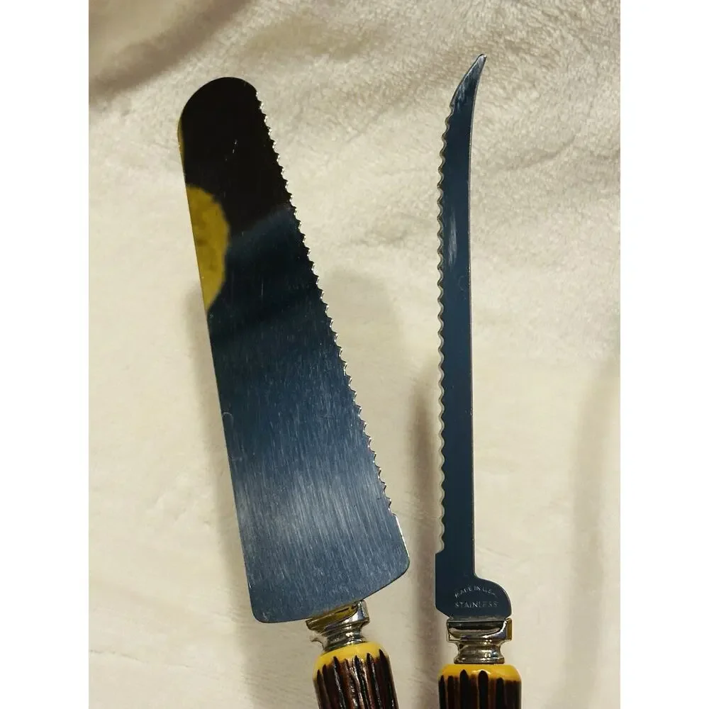 Set Of 2 Antique Stainless Antler Stag Horn Knifes Sharp Carving Made In USA